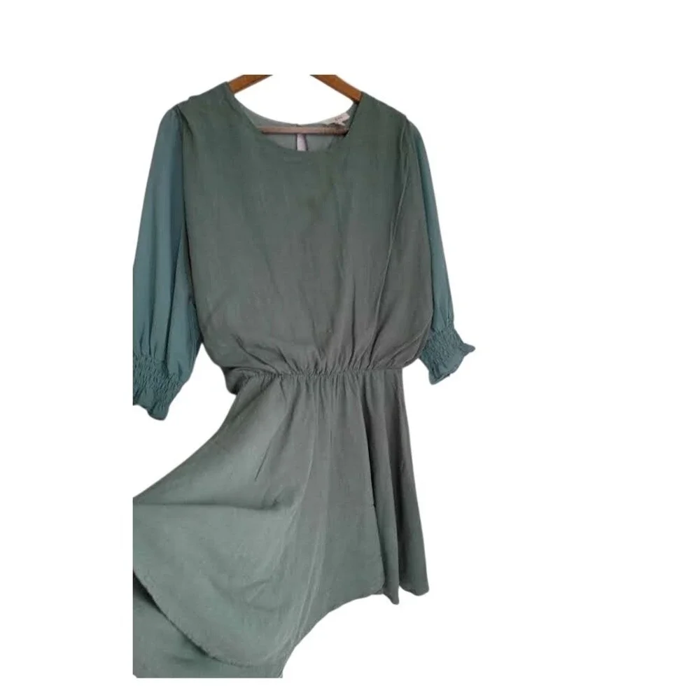 UMGEE‎ Sage Green Linen Mini Dress Blue Contrast Slve Smocked Cuff S Cottagecore
